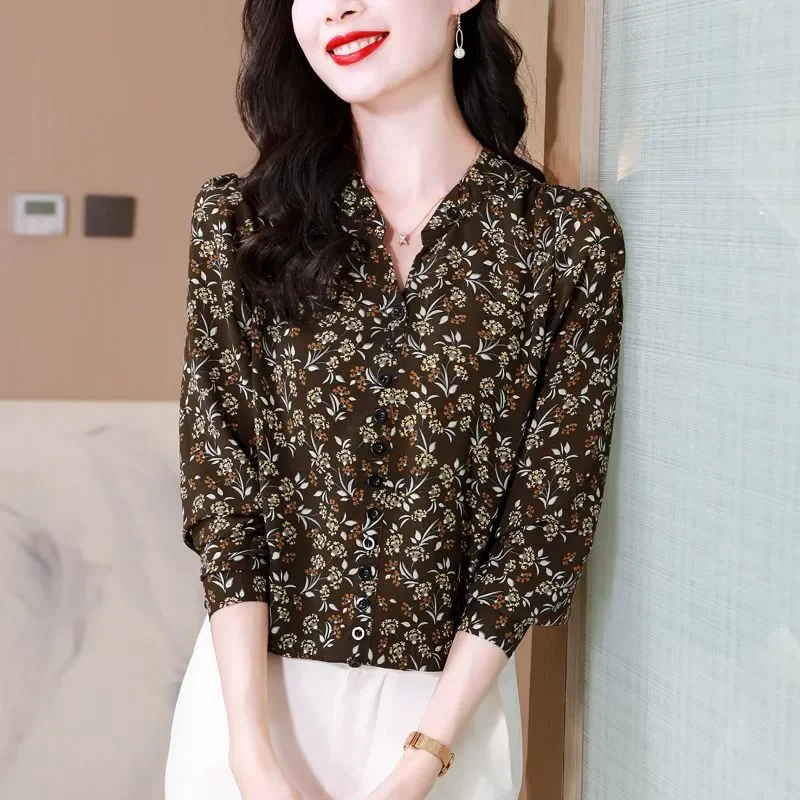 

Women Spring Floral V Neck Chiffon Blouse Elegant Long Sleeve Casual Slim Fit Shirt