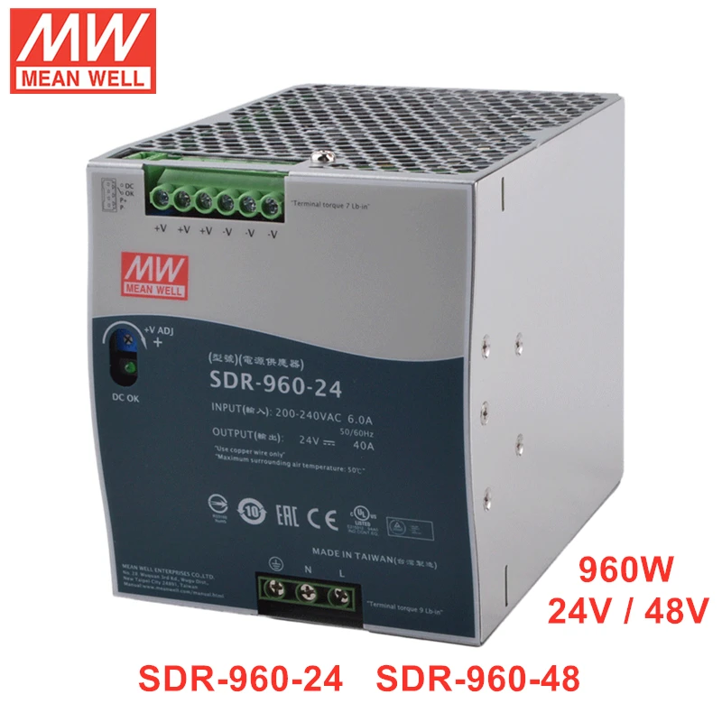 MEAN WELL SDR-960 Series 960W Single Output Industrial DIN RAIL Power Supply with PFC Function SDR-960-24 SDR-960-48