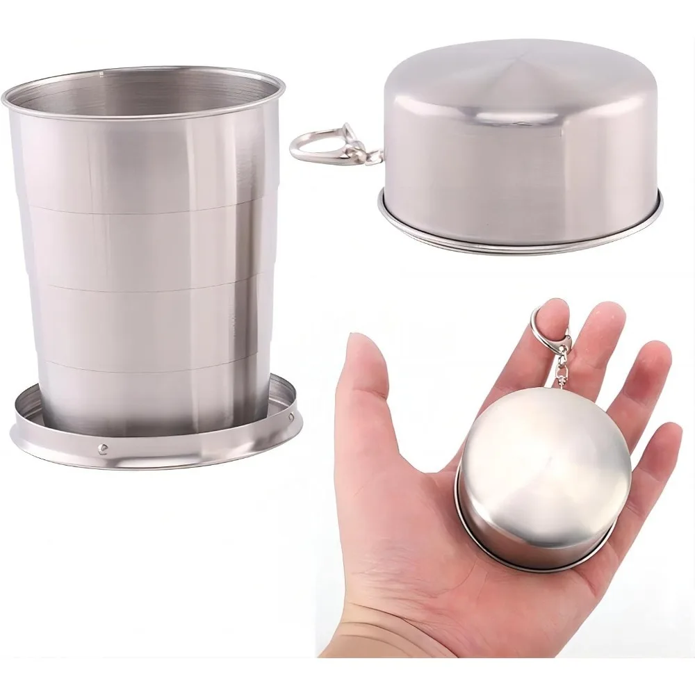 1 Piece Stainless Steel Folding Cup Outdoor Portable Drinkware Camping Drinking Cup Detachable Foldable with Keychain Drinkware