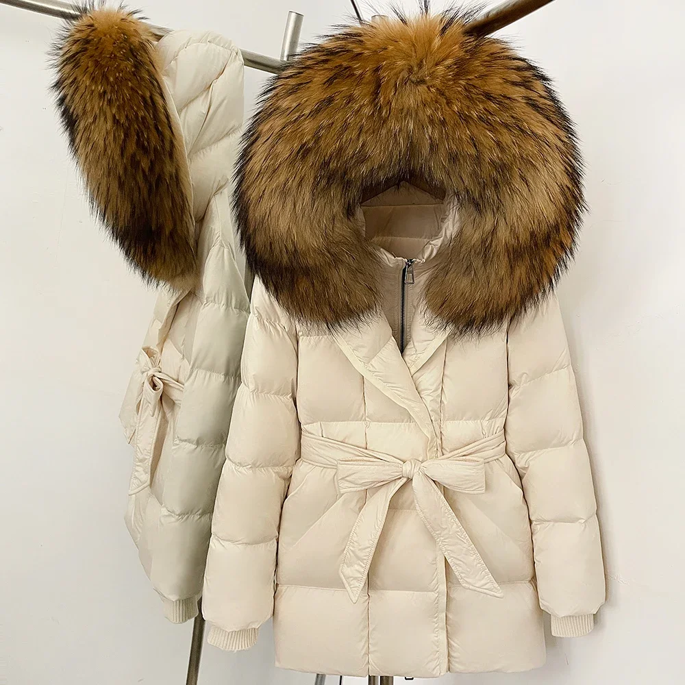 OFTBUY Damen-Winterjacke aus Entendaunen mit großem, natürlichem Fellkragen, Kapuze, Reißverschluss, Gürtel und tailliertem Schnitt, mit Fell für Damen – Detail 17