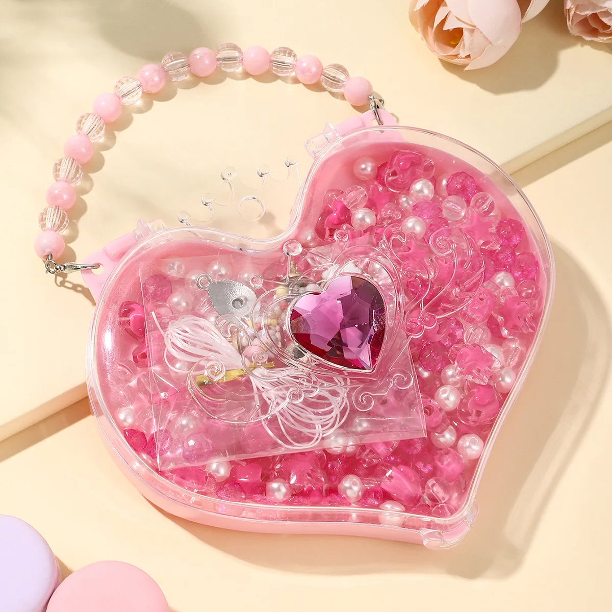 Neue rosa Mädchen handgemachte DIY Perlen Spielzeug süße herzförmige Schmuckschatulle Kinder Halskette Armband Spielzeug Set Geburtstagsgeschenke