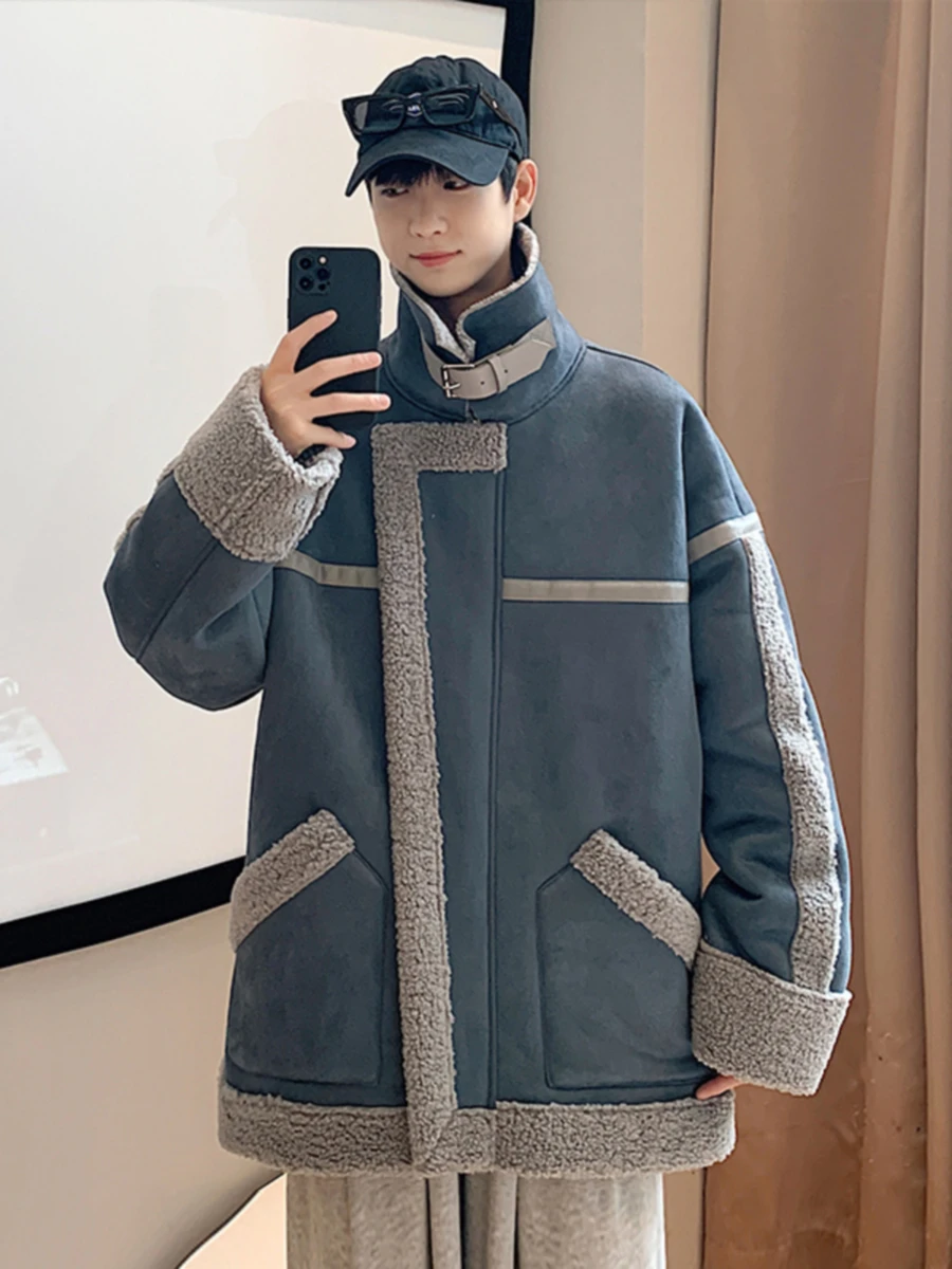 Свободное мужское хлопковое дэт на подкладке из овечьего меха, молодежная модная зимняя верхняя одежда, повседневное пальто на молнии из полиэфирного волокна