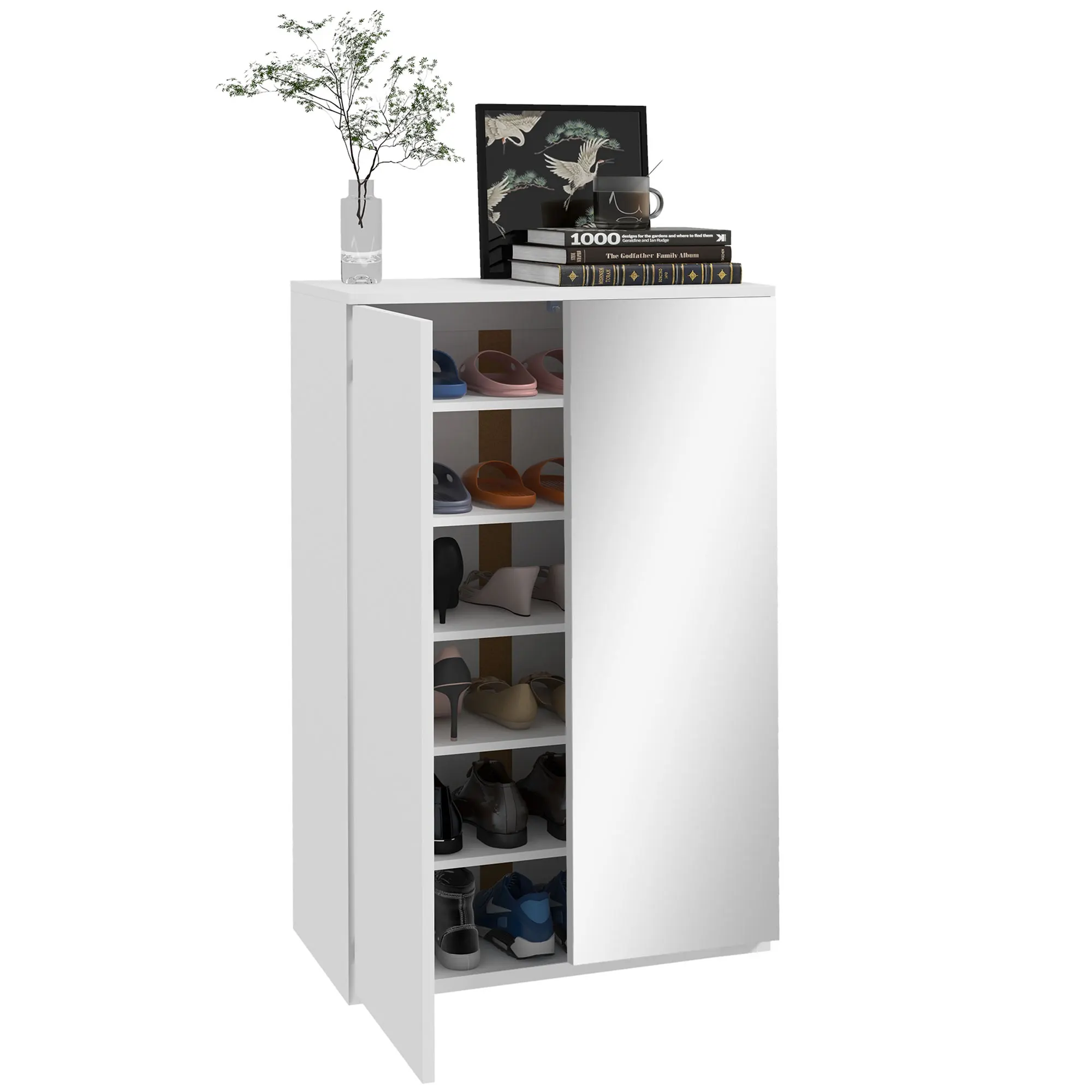 HOMCOM shoe cabinet mirror shoe cabinet for 18 pairs of shoes with 5 adjustable shelves for Hall 60x32x95 cm White