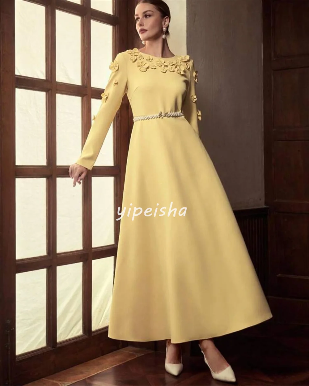 ที่กําหนดเองสไตล์โมเดิร์นจับคู่ Jersey Handmade ดอกไม้ Sash A-Line Scoop คอข้อเท้าความยาวชุด Bespoke โอกาสชุด