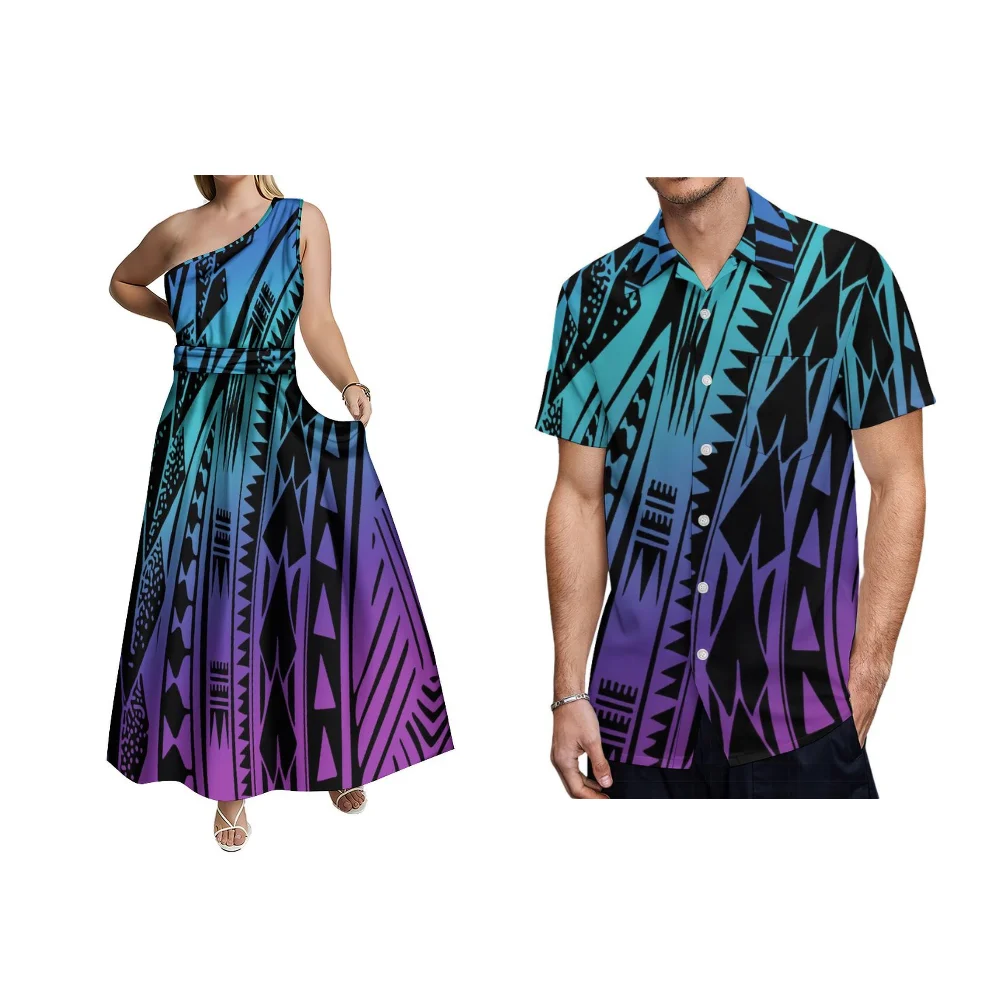 Lace-Up Waist Design Women'S Long Dress Men'S Shirt Custom Polynesian Vintage Print Skin Friendly Soft Fabric Couple'S Dress