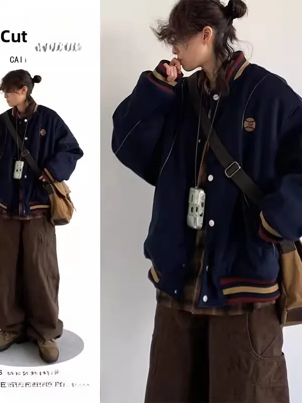 

Warm Cotton Filled Baseball Jaet for Men And Women Loose Woolen Material Winter Outerwear Coat Stand Length Regular Fit