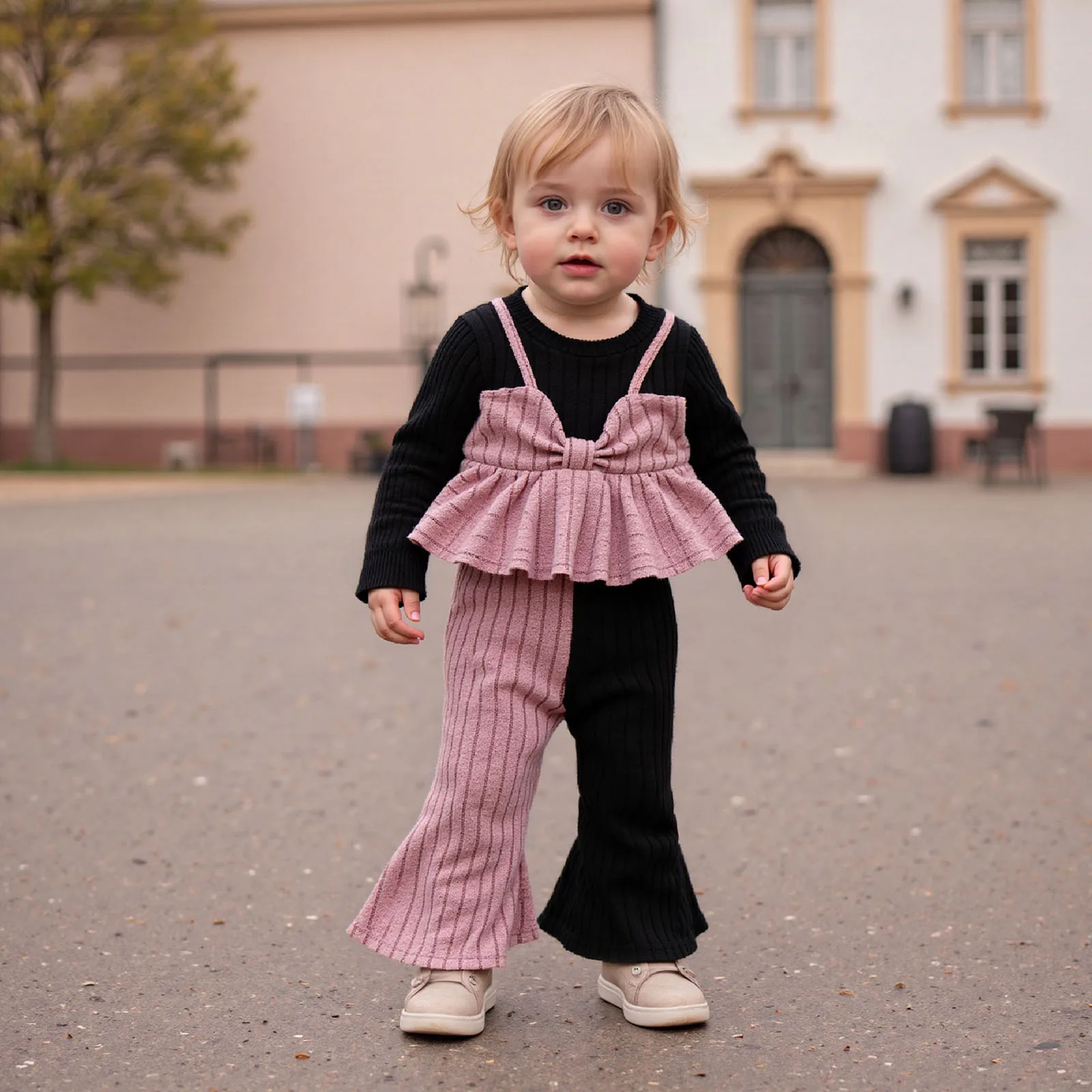 4-10Y Fashion Girls Knitted Outfit Fake Two Piece Design Contrast Color Ribbed Long Sleeve Tops Slightly Flared Pants 2 Pcs Set