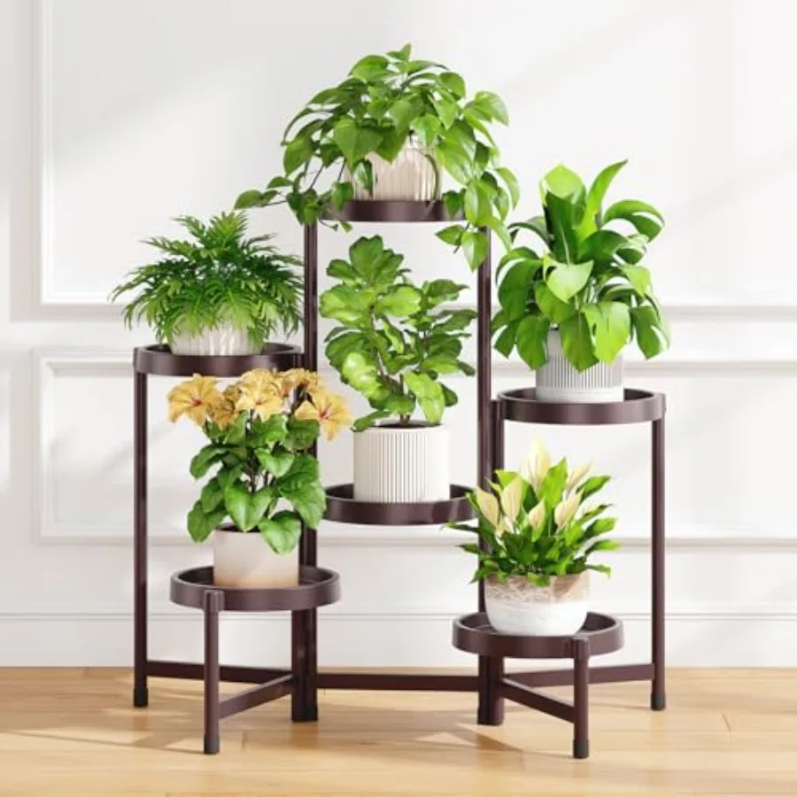 

6 Tier Folding Plant Stand Indoor Outdoor with Plastic Tray Tiered Corner Flower Holder Shelf Metal Orchid Display Rack for Pat