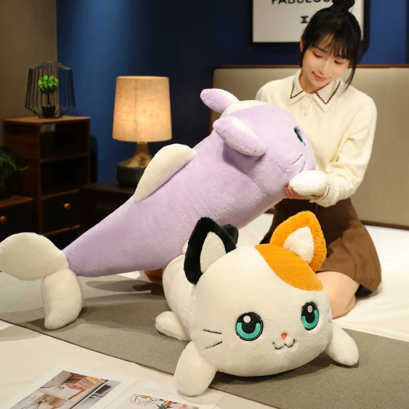 

Funny Cat Face Fish Tail Plush Animal Pillow Stuffed Big Eyes Kawaii Animal Kitten Cartoon Long Bolster Plushie Gift