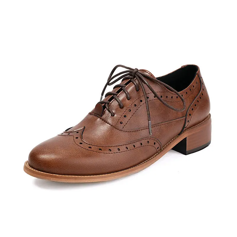 

Size 35-43 Autumn Women Derby Low Heel Shoes Brogue Leather Lace up Classic Bullock Footwear Female British Retro Oxford Shoes