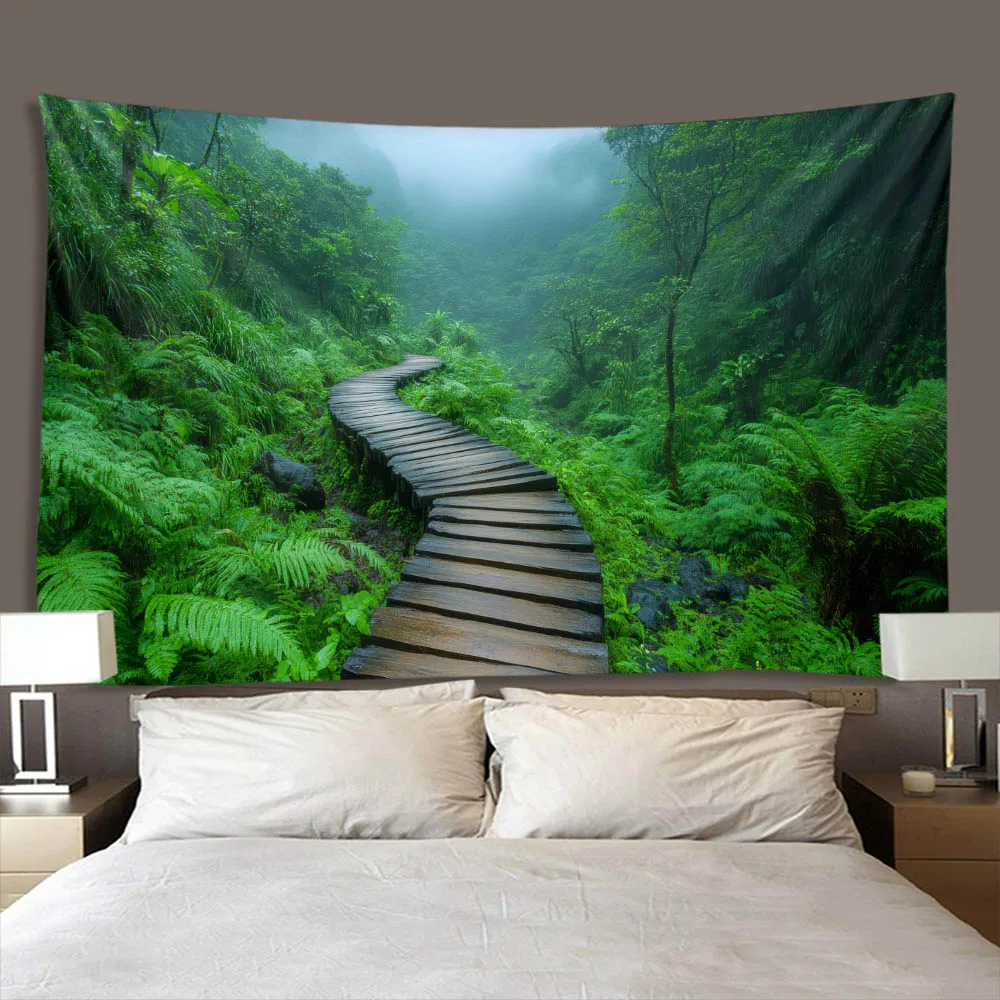 Silent and Beautiful Landscape Tapestry - Boardwalk in Green Forest, Wall Hanging Cloth for Living Room and Homestay Decoration