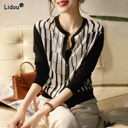 Đen Trắng Lưới Cổ Tròn Spliced Cardigan Băng Lụa Đan Ngực Đơn Nữ Công Sở Kẻ Sọc Slim Áo Len