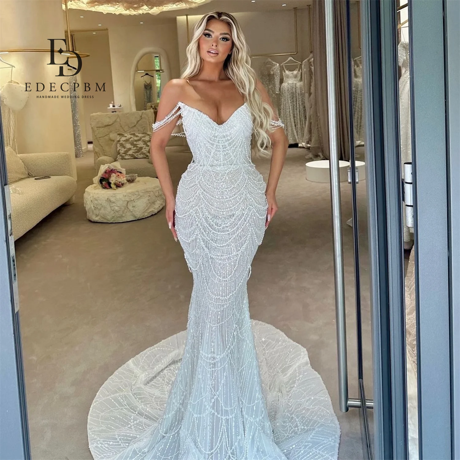 EDECPBM 인어 스타일 우아한 여성 웨딩 파티 드레스 비즈 맞춤형 이브닝 드레스