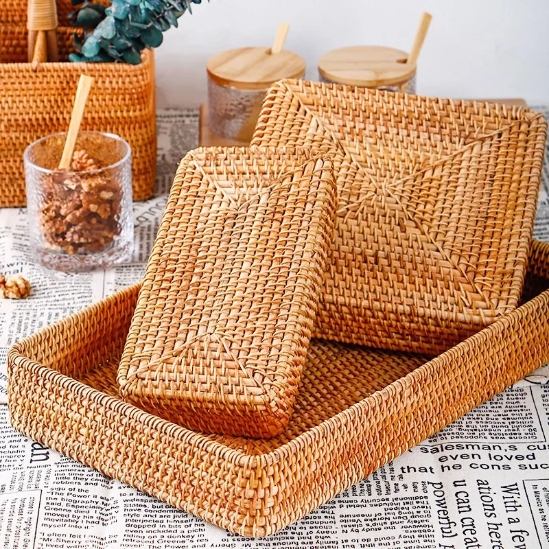 Storage Tray Hand-woven Storage Basket Rattan Storage Tray Wicker Basket Bread Fruit Food Tray Picnic Basket Kitchen Items Tools