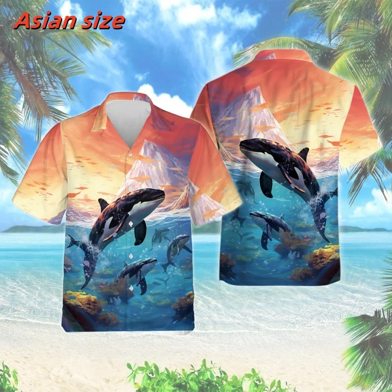 Marine Killer Whale Pattern Hawaiian Shirt For Men Colorful 3D Printed Blouse Summer Loose Short Sleeve Lapel Tops Aloha Shirts