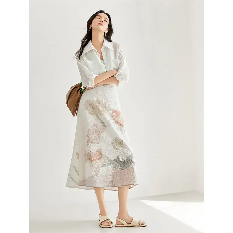 Temperamen Vintage Luxury Summer Women's Printing Elastic Waist Button Fashion Casual All-match Slim Mid-length A-LINE Skirts