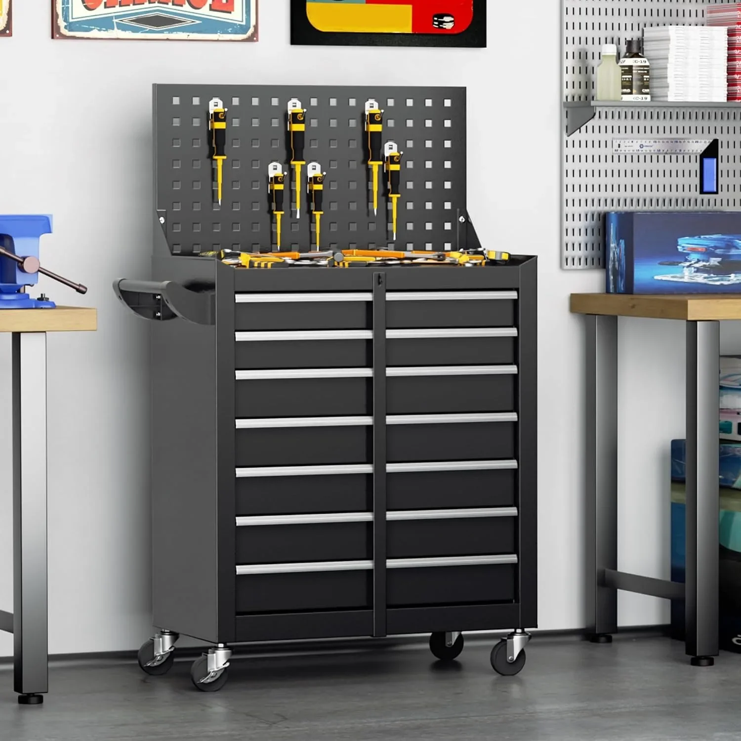 7 Drawers Rolling Metal Tool Chest With Pegboard & Wheels,Tool Storage Cabinet For Workshop Garage, Custom