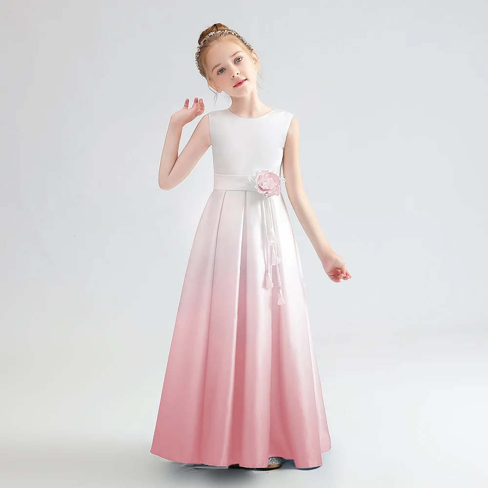 Dideyttawl Gradient Color Long Satin Dress For Girls Sleeveless Elegant Birthday Party Junior Concert Banquet Gown