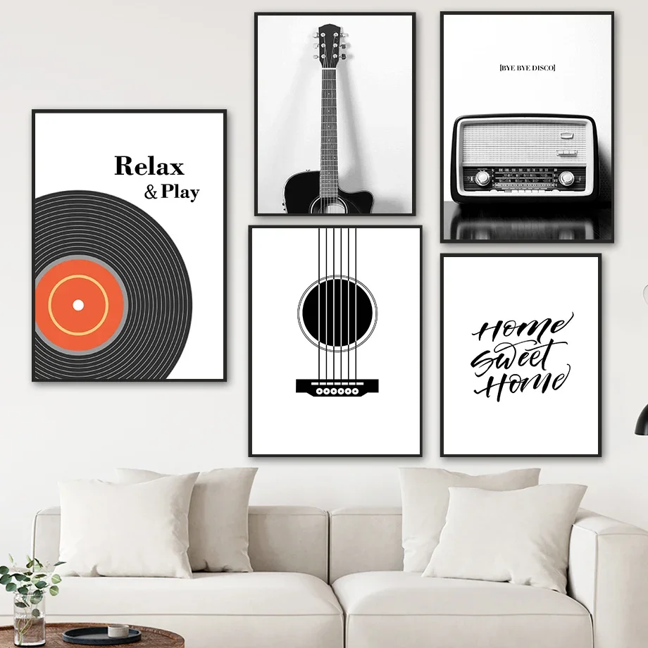 Unframe Black White Record Guitar String Radio Nordic Minimalist Aesthetics Print Canvas Painting for Living Room Modern Home De