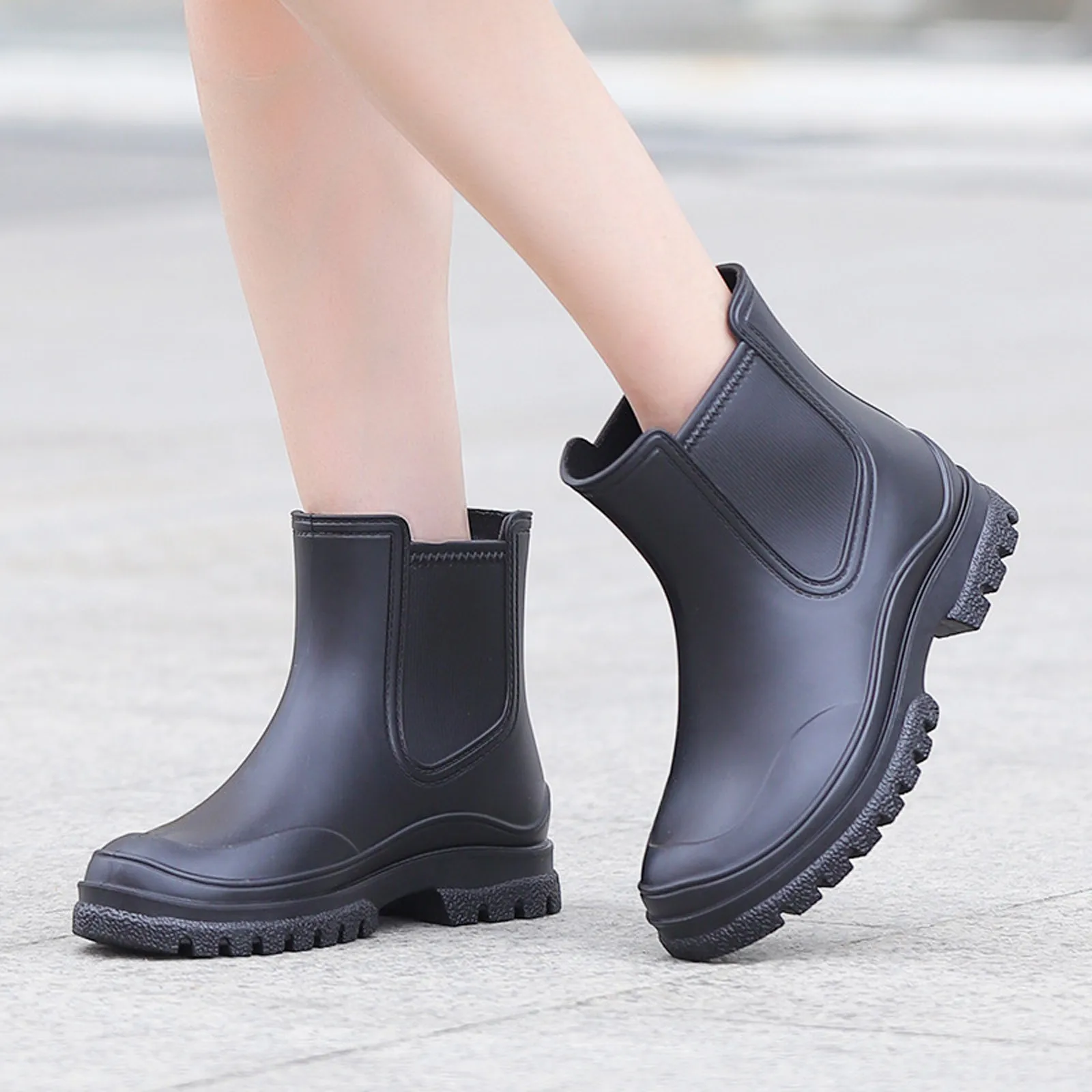 Women's Rain Boots Comfortable Elastic Adult Ankle Booties Fashion Mid Heel Boots Non Slip Chunky Platform Go Go Boots Size 11