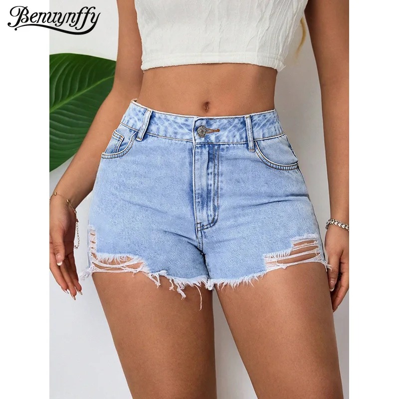 

Benuynffy Fashion Streetwear Raw Hem Denim Shorts Women Summer Mid Waisted Slim All-Match Casual Female Ripped Jeans Shorts