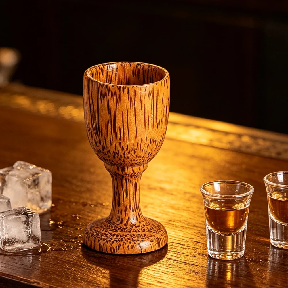 Natural Coconut Wood Goblet Mini Handcrafted Wooden Wine Cup Stemmed Sake Tea Chalice Rustic Tealight Candle Holder 8x3.8cm