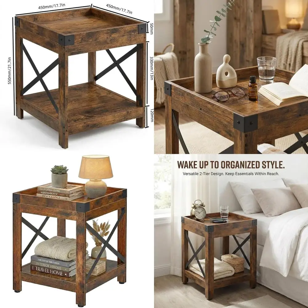 

Industrial Rustic Brown Square Side Table with Open Shelves for Coffee, End Use in Living Room, Bedroom, or Office Spaces
