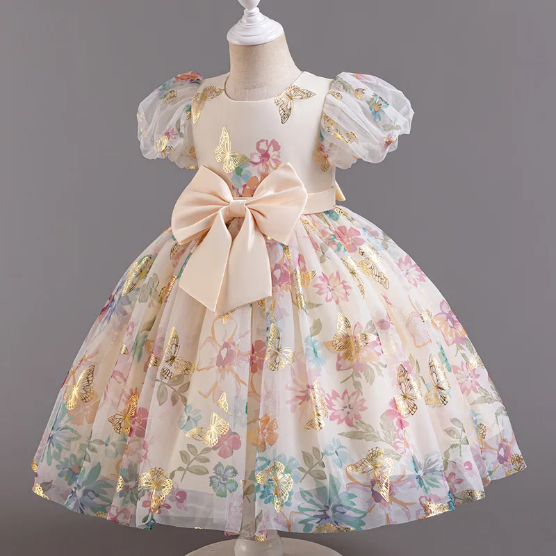 Girls' New Bubble Sleeves Big Bow Butterfly Flower Print Sweet and Cute Princess Dress School Graduation Evening Dress