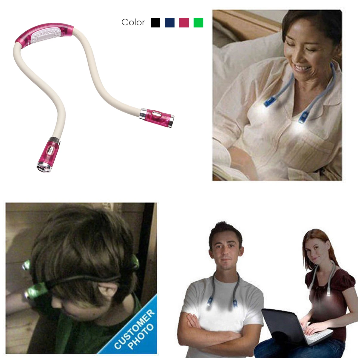 

LED Flexible Handsfree Hug Neck Reading Book Light Lamp Torch Black Blue Pink Flashlight Rechargeable Work Lamp