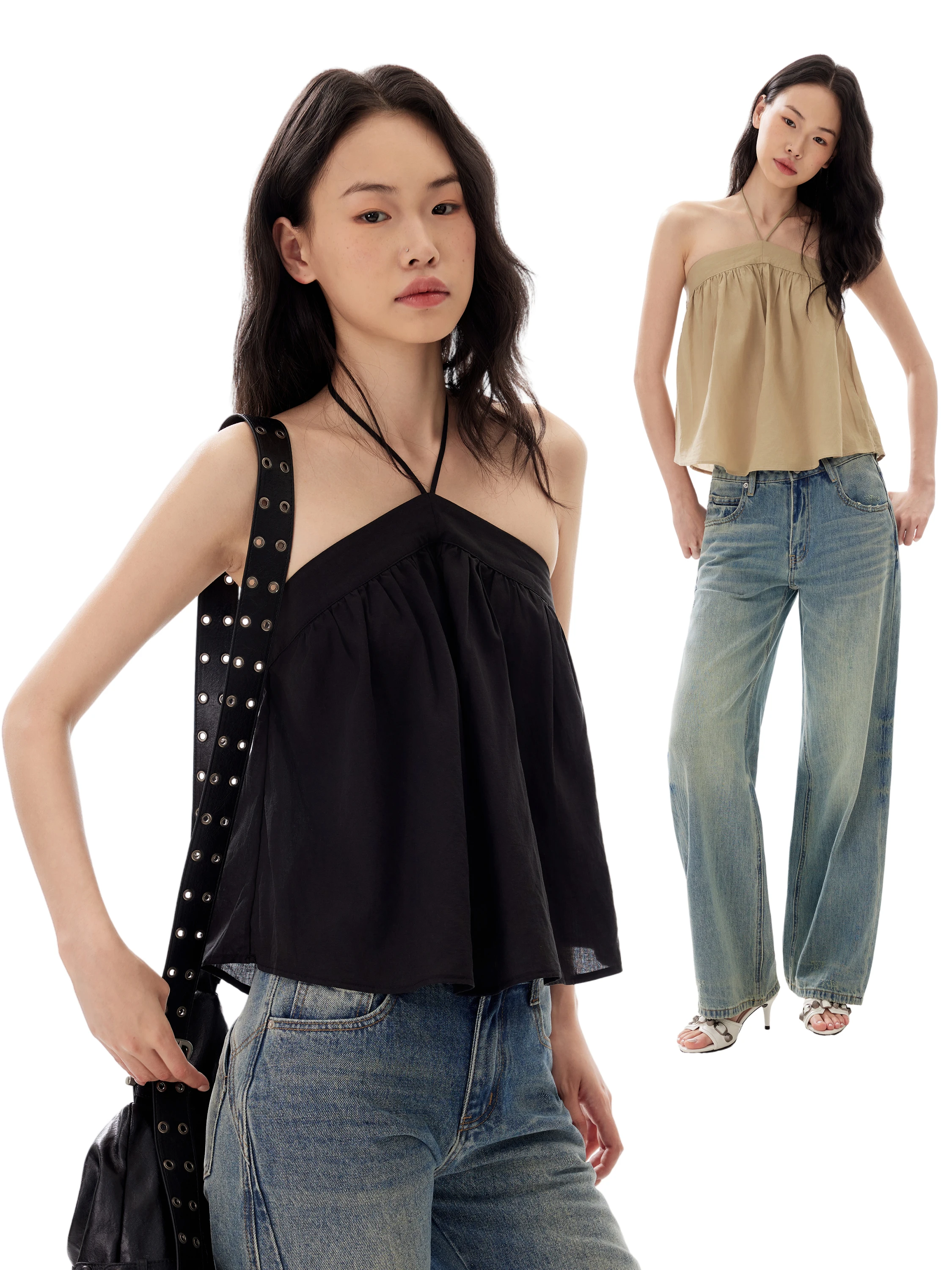 GOGO BURN American Style Black Halter Neck Strap Vest Women's Summer New Backless Sleeveless Top U-neck Slim Fit Short Length