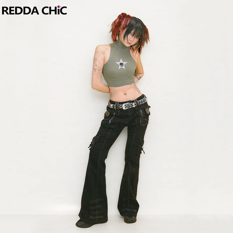 

REDDACHiC Double-button Low Waist Cargo Jeans Y2k Retro Stitch Leather Pockets Do Old Boot Cut Pants Western Women Streetwear