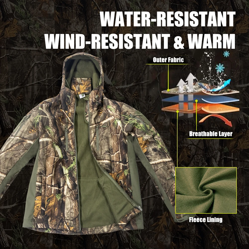 Multifunctional Hunting Clothes with Fleece Lining Safety Strap Compatible Water Resistant Silent Hunting Jacket and Pants