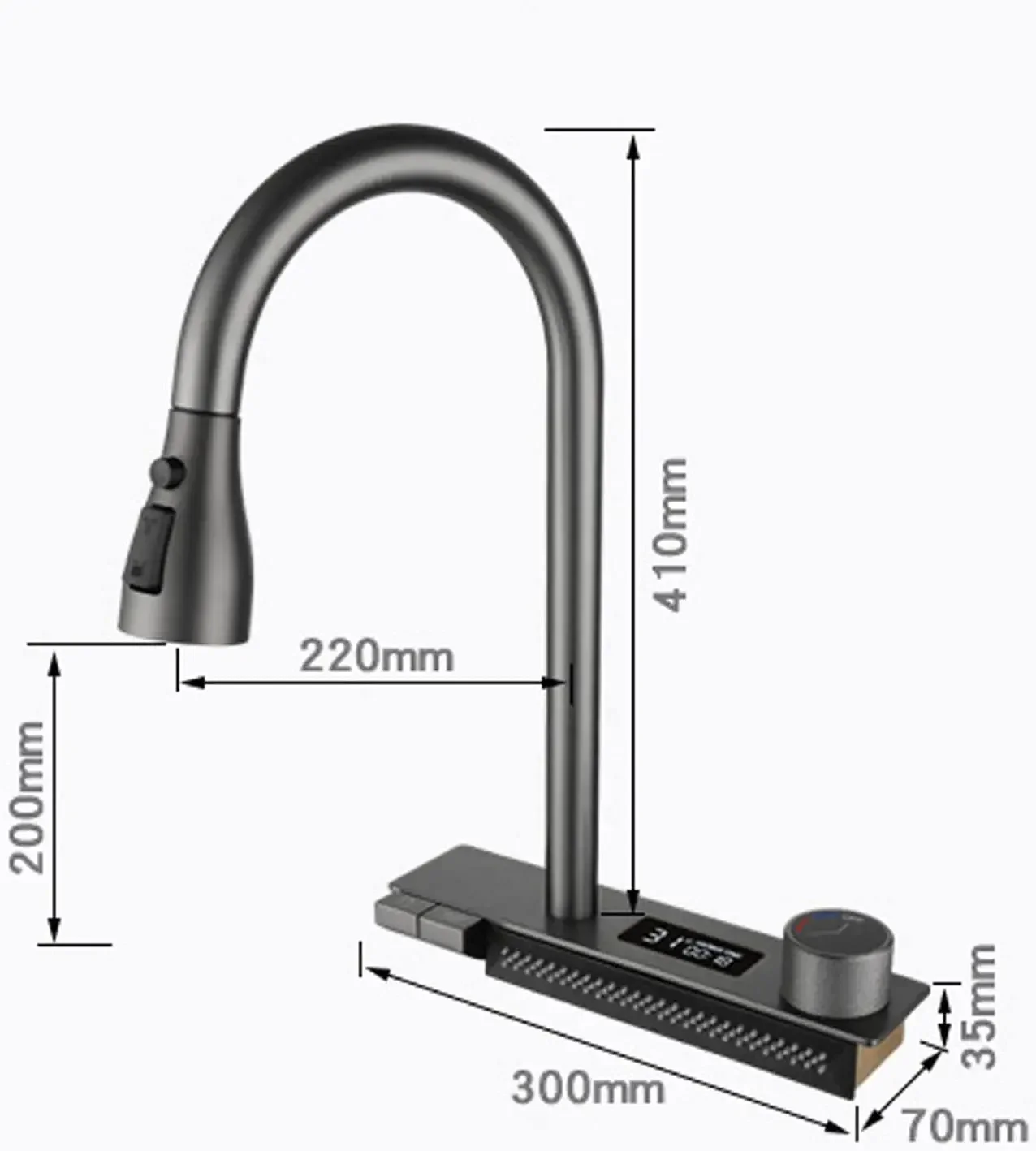 Torneira de cozinha com pulverizador pull down, arco alto único com display de temperatura, cozinha cascata de chuva