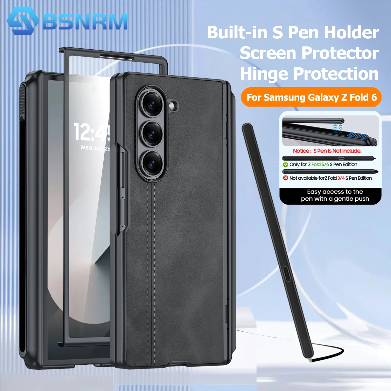 

Чехол для Galaxy Z Fold 6, с держателем для ручки S, [защита шарниров и защитой экрана] Матовый противоударный чехол из искусственной кожи для ПК, черный
