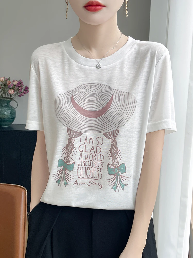 Dopasowany T-shirt z okrągłym dekoltem, chłodzący, z nadrukiem na czapce, wygodny, oddychający, letni, modny damski top z dzianiny.