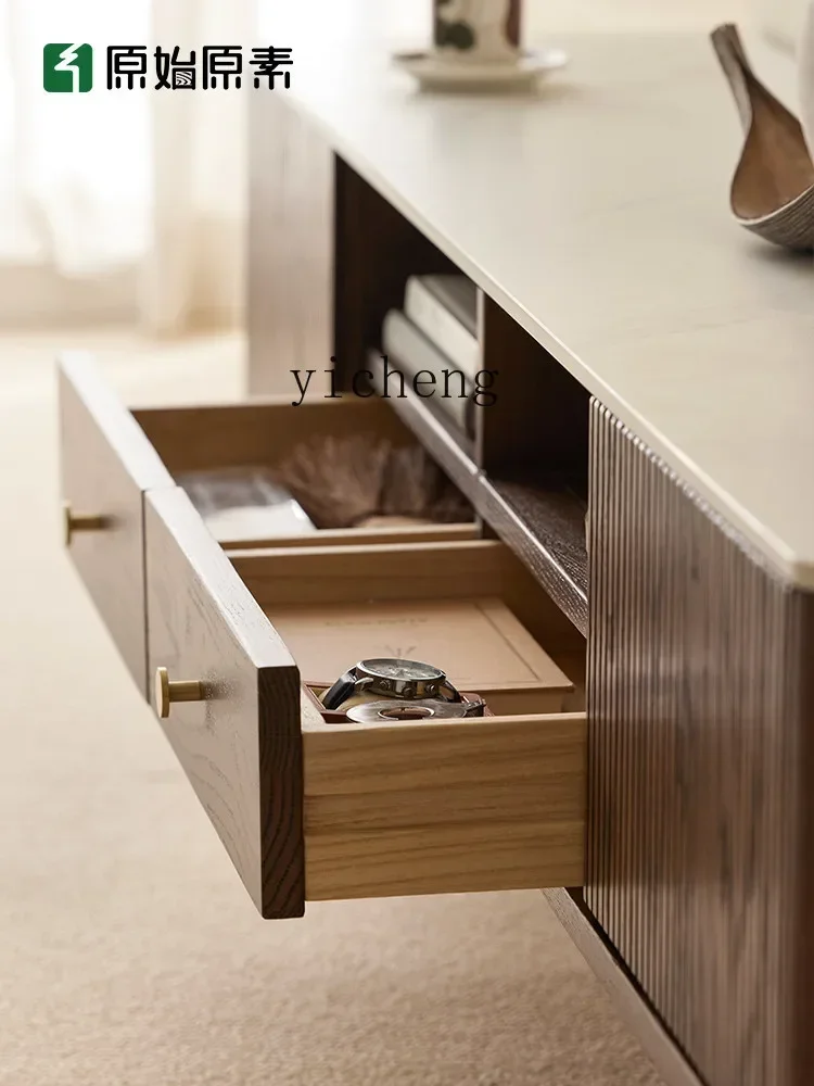

Solid Wood Stone Plate TV Cabinet Modern Minimalist Small Apartment Oak Locker Living Room Deck