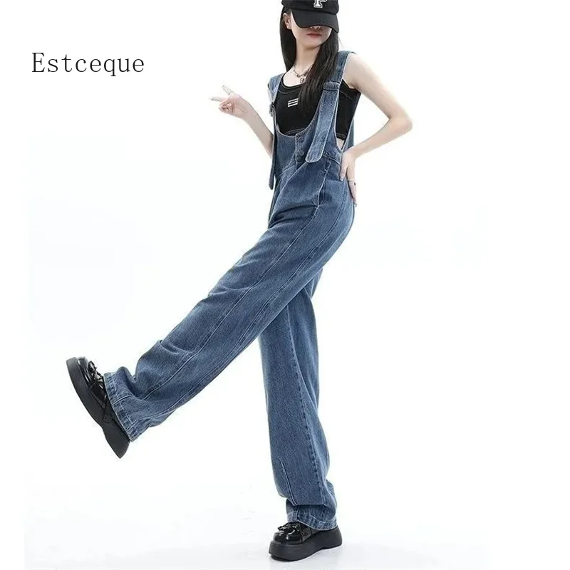 

2025 Vintage Denim Overalls Women's Streetwear Summer New Loose Wide leg Jumpsuit Jeans Female Pocket Casual Cowboy Trousers