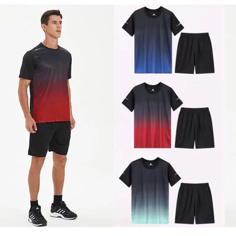 Fitness Clothes Ice Silk Quick Drying T-shirt Suit Men Short Sleeve Running Sportswear Shorts Tracksuit Gym Sports Training Sets