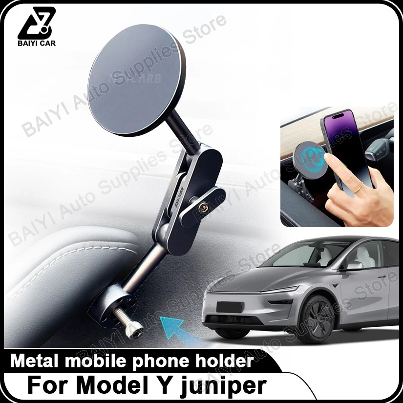 Para tesla modelo y juniper metal suporte do telefone móvel carro suporte do telefone móvel montado na maçaneta da porta para 2018-2025 acessórios