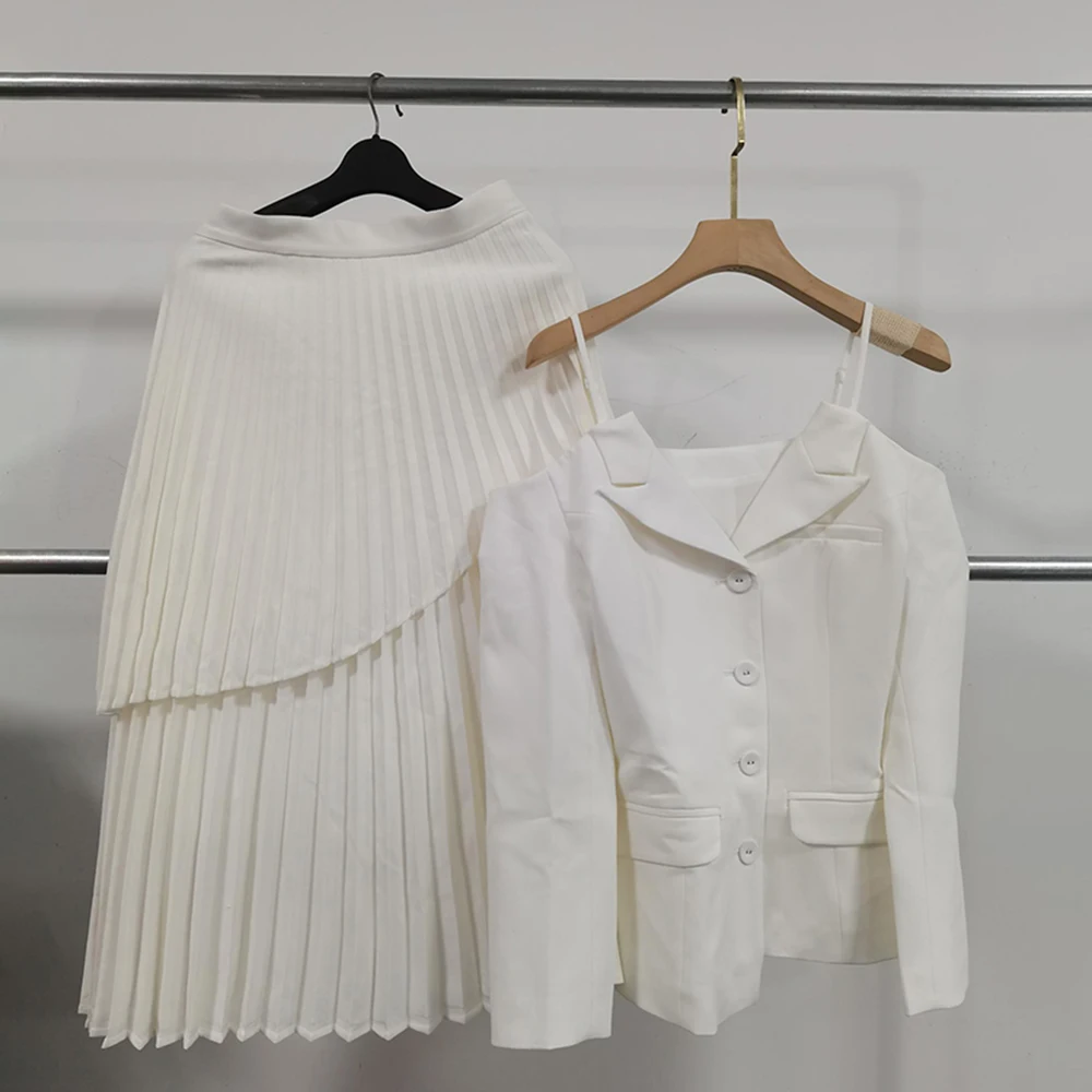 VGH Elegant Skirts Set For Women Lapel Long Sleeve Spliced Belt Tunic Backless Coat High Waist Pleated Skirt Chic Sets Female