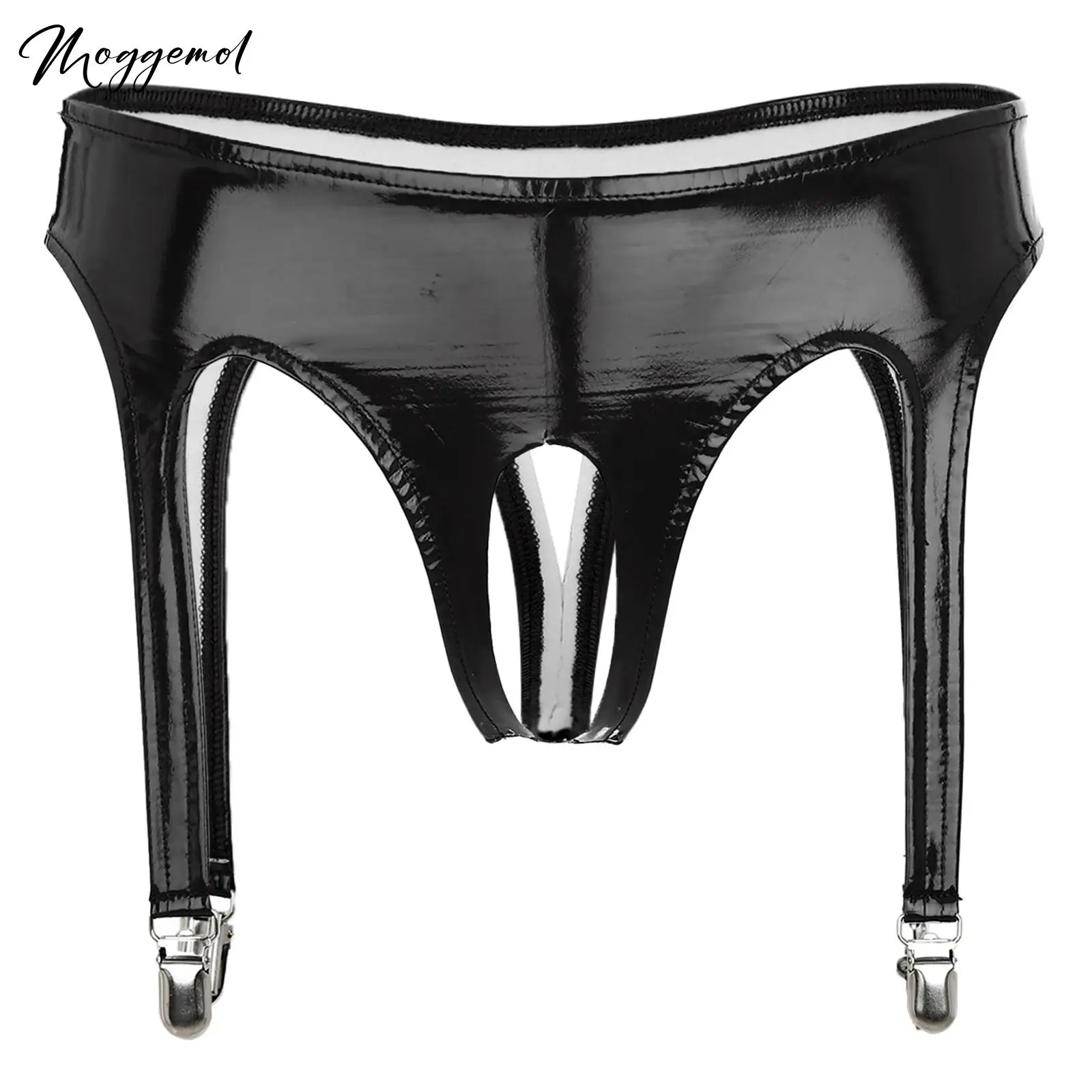 

Women's Lingerie Crotchless Underwear Panty with Garter Clips Shiny Metallic Leather Briefs Panties Punk Gothic Rave Clubwear