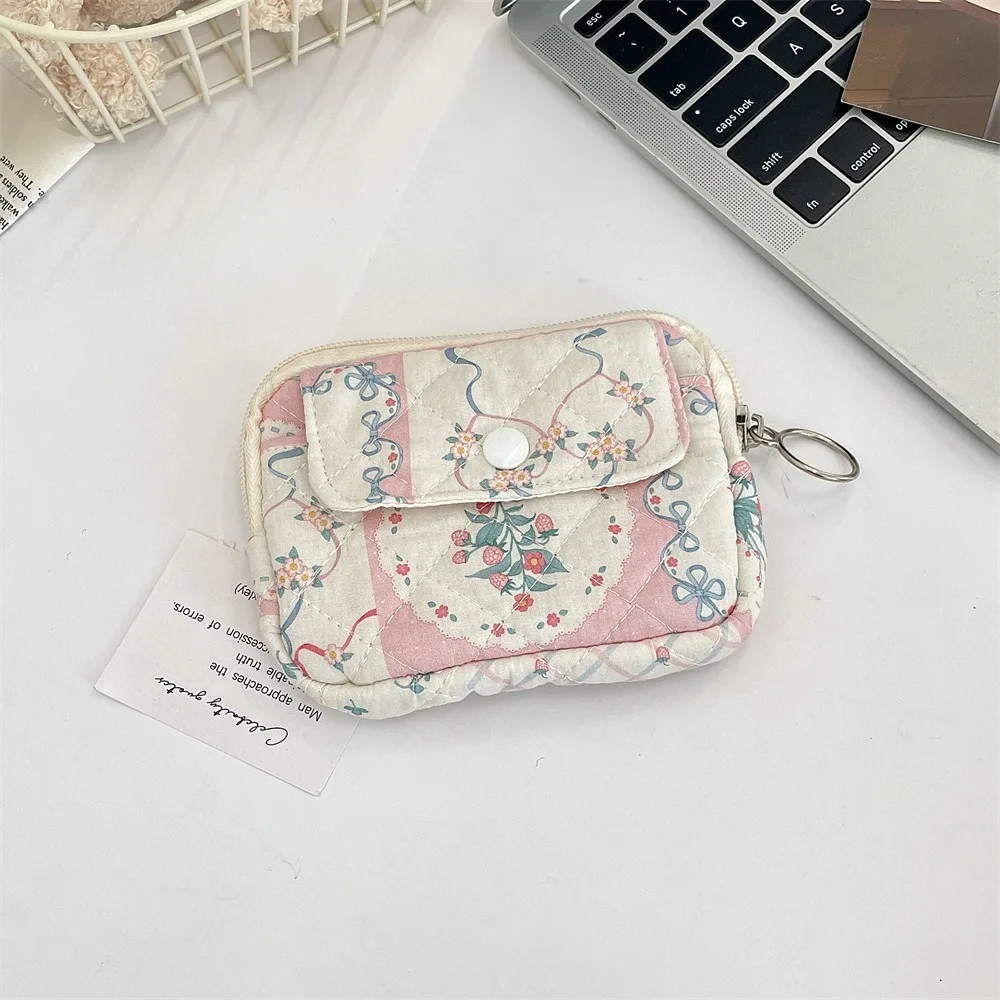 Kawaii Floral Coin Purse Korean Style Cartoon Printing Small Makeup Lipstick Bag Jewelry Packing Bag Multifuctional