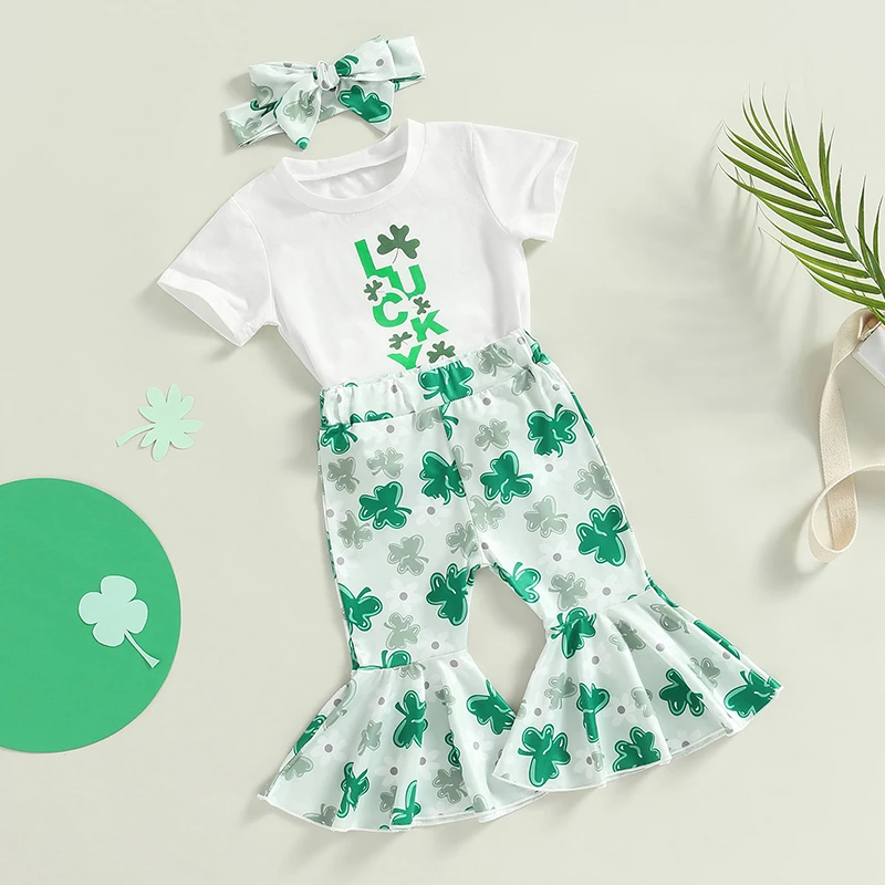 

Adorable Baby Girls 3-Piece Spring Clothing Set Cute Short Sleeve Tee Shamrock Print Flare Pants Matching Headband