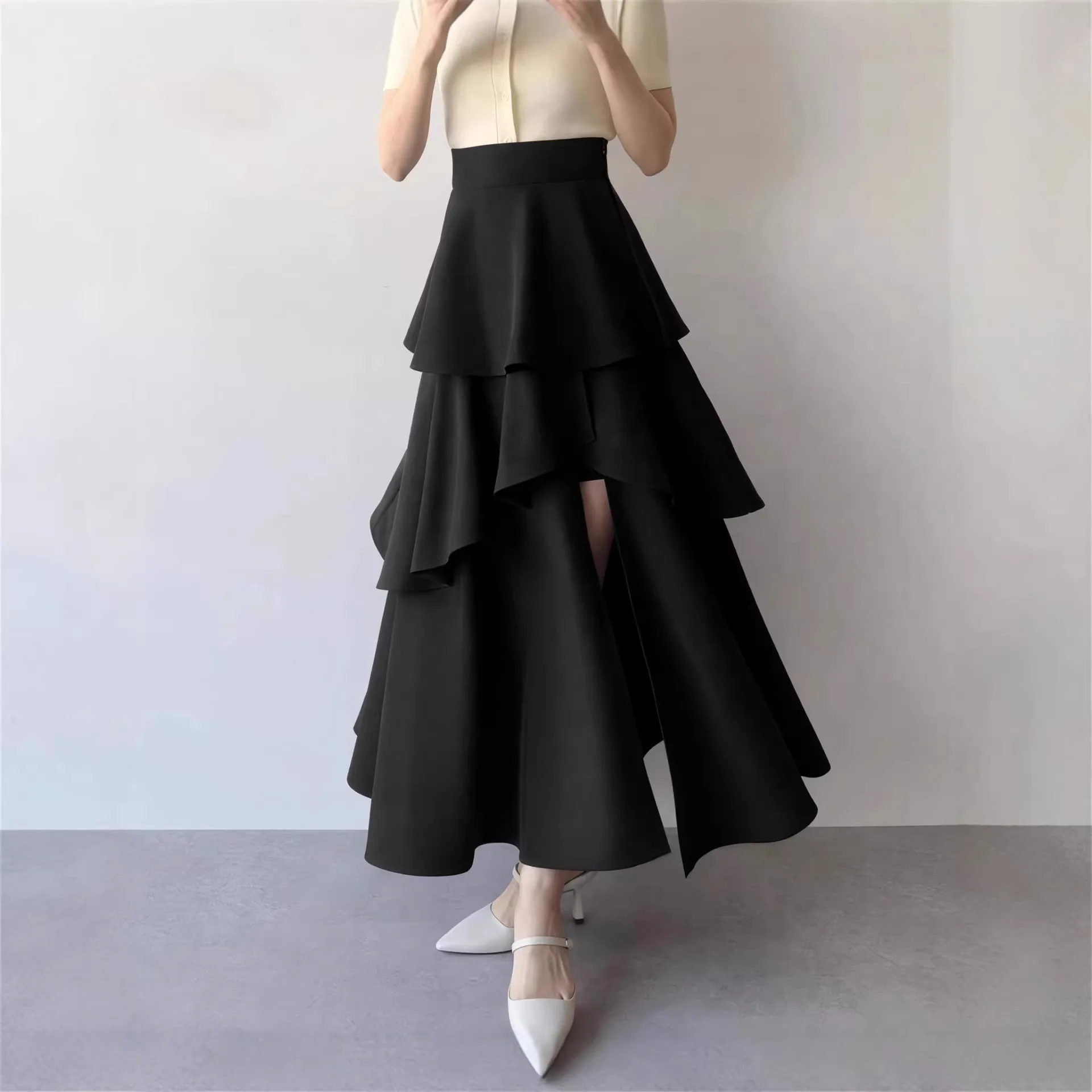 

2026 Women's Patchwork Midi Skirt High Waist A-Line Slit Skirt Heavy Work Elegant Casual Patchwork Skirt European Style New