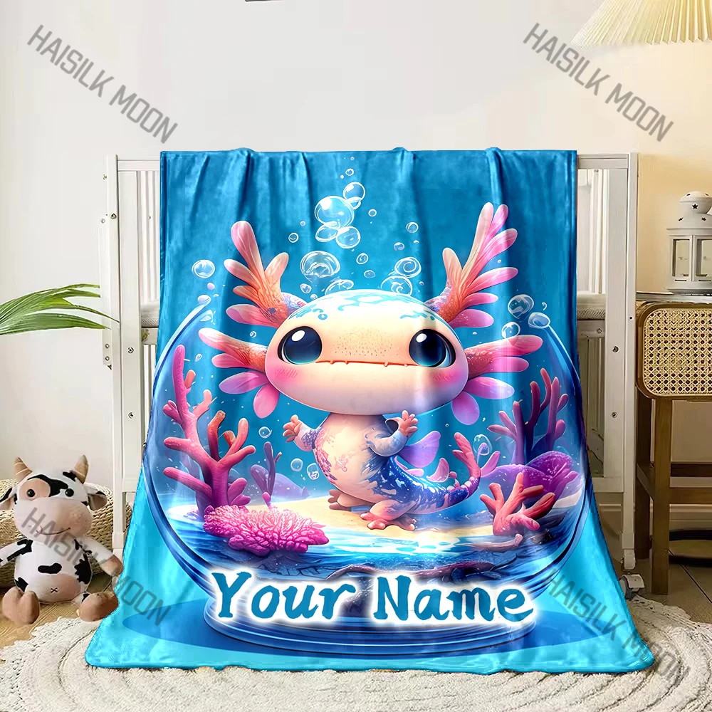 Custom Name Personalized Blanket Cute Cartoon AXOLOTLS Print Adult Children Warm Blankets and Comfortable Blanket Holiday Gifts