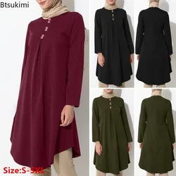 2026 New Muslim Long Sleeve Shirt Dress for Women Solid Elegant Islam Prayer Abaya Arab Casual Tops Modest Robe Blusas De Mujer