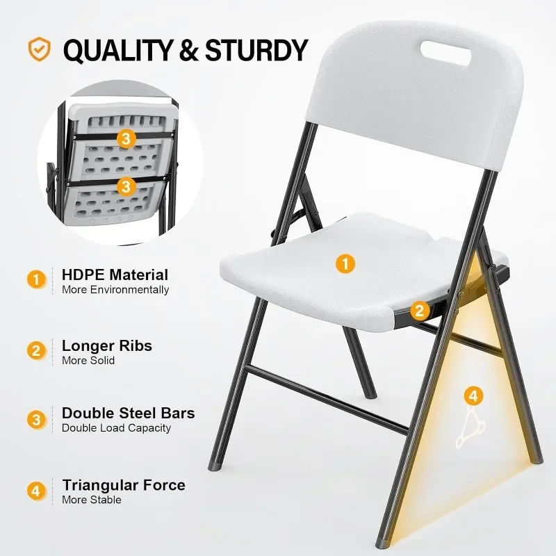 Folding Chairs, Heavy Duty Foldable Chair Portable HDPE Plastic Seat with Steel Frame for Indoor Outdoor Dinning Party,4 Pack