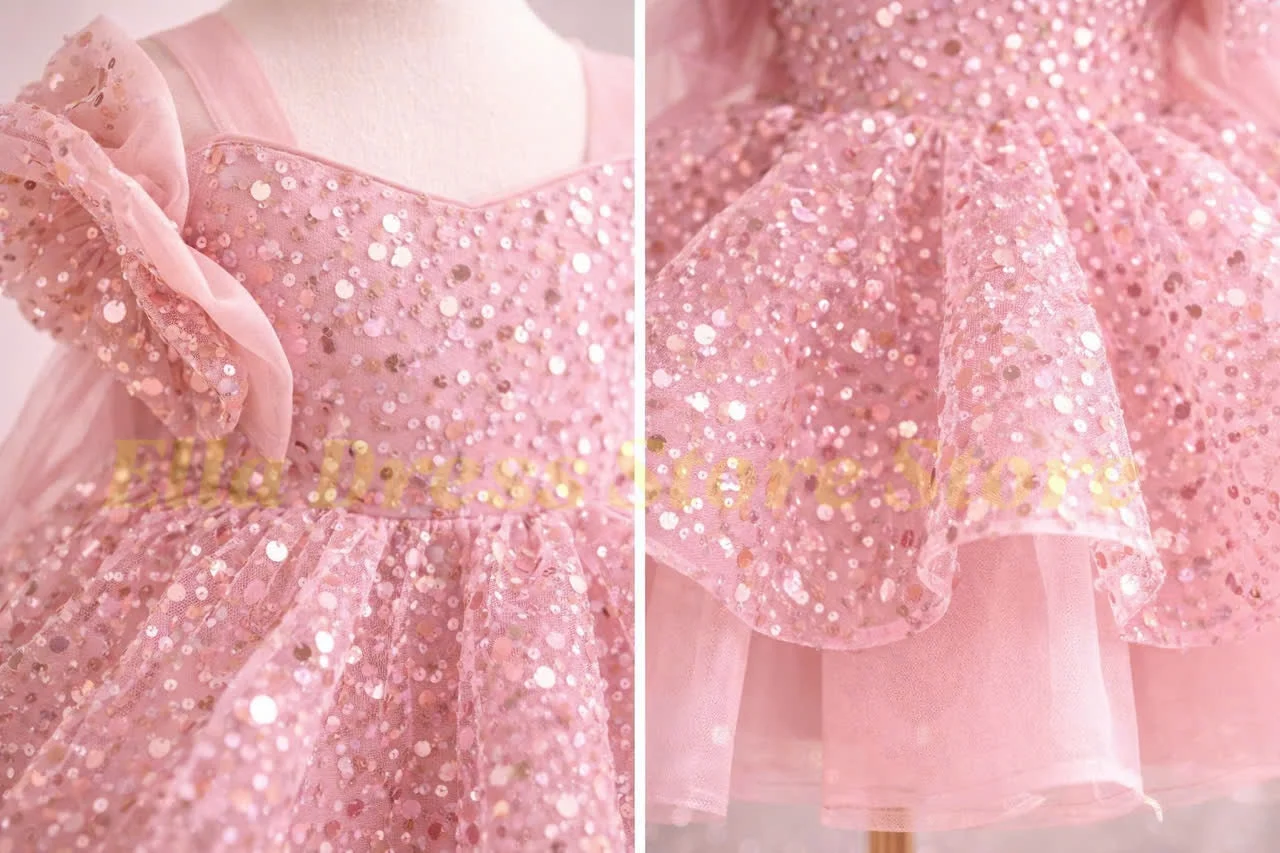 Großhandel Maßgeschneiderte Flauschige Goldene Satin-Blumenmädchenkleider Knielang Hochzeitsfeierkleid Schleife Kleinkind Baby Geburtstag Festzug Ballett – Detail 6