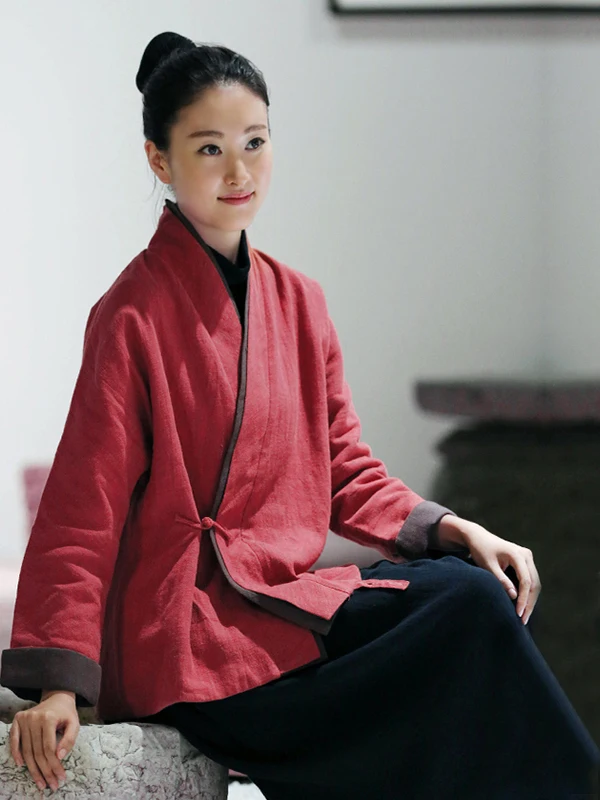 เสื้อแจ็คเก็ตผ้าฝ้ายสไตล์เรโทรสำหรับผู้หญิง ตกแต่งกระดุมแบบเซน ทรงหลวม ให้ความอบอุ่น ใช้เป็นเสื้อคลุมด้านนอกได้ สีพื้น คอวี สไตล์จีน