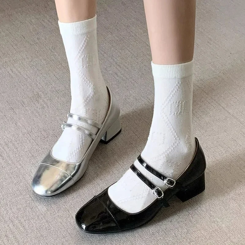 Women's Fashion Mary Janes Shoes Autumn Sliver Leather Buckle Mid-heels Dress Shoes Women Square Toe Shallow Chunky Heels Shoes image 6